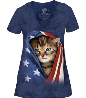 Tee-shirt femme motif chaton avec col en V - T-shirt chaton