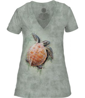 Tee-shirt femme motif Tortue avec col en V - T-shirt Tortue