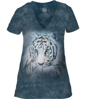Tee-shirt femme motif Tigre avec col en V - T-shirt tigre blanc