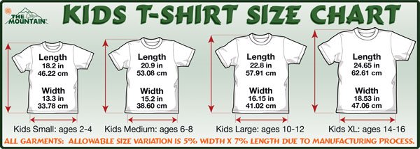 Youth T-shirts Size Chart